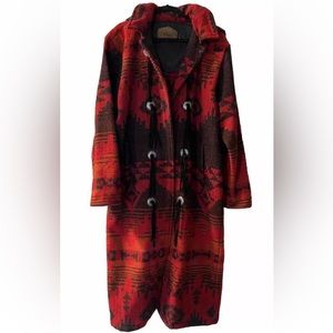 Vintage Woolrich Long Wool Coat Red Southwestern Style Hooded Women’s Size Large